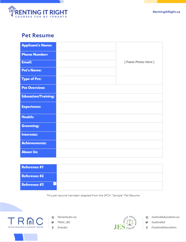 Pet Resume Template for Rental Applications in BC Renting It Right